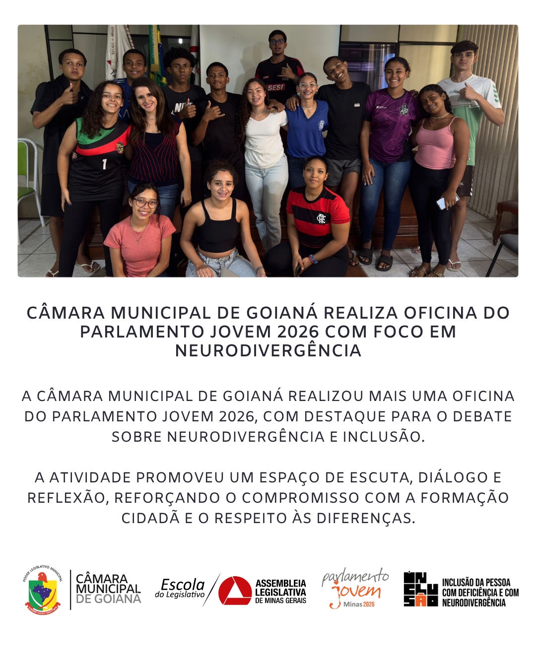 CÂMARA MUNICIPAL DE GOIANÁ REALIZA OFICINA DO PARLAMENTO JOVEM 2026 COM FOCO EM NEURODIVERGÊNCIA 